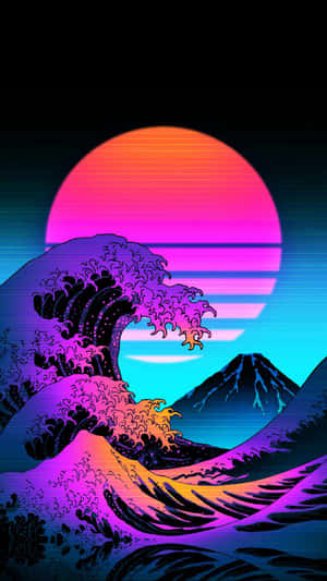 霓虹波浪插圖，帶有閃爍的夕陽和山巒輪廓。 — 復古90年代風格 壁紙