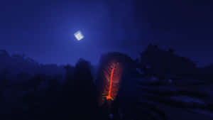 在 Minecraft 夜晚場景中，熔岩在方形月亮下從懸崖流下。 — 可愛 Minecraft 壁紙