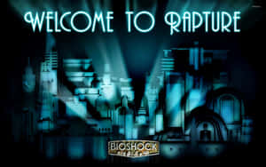 夜晚，發光的藍色裝飾藝術城市上方有「Welcome to Rapture」霓虹燈牌。 — 16:10 壁紙