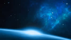 太空中行星彎曲地平線上的藍色星雲和恆星。 — 碧蓝之海 壁紙