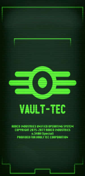 在黑暗的數位螢幕上發光的綠色Vault-Tec標誌和文字。 — Galaxy S10 壁紙