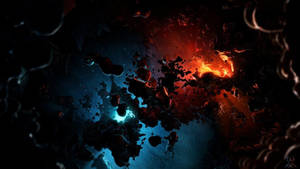 宇宙爆炸，熾熱紅色與電光藍色星雲漂浮在太空中。 — 藍色銀河 壁紙