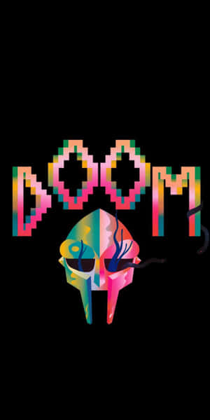 在黑色背景上色彩繽紛的像素化DOOM標誌和骷髏頭 — 18:9 壁紙