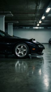 黑色跑車停放在昏暗的地下車庫，地面有反射 — JDM 壁紙