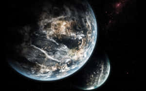 地球和一個較小的行星在廣闊夜空中被城市燈光照亮。 — 星際效應 壁紙