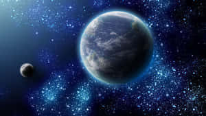 地球和月球在佈滿星星的宇宙場景中，伴隨著發光的星雲。 — 明亮 壁紙