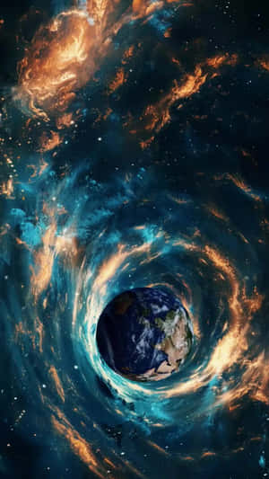 行星地球位於旋轉宇宙星雲的中心，帶有橙色和青色的雲和星星 — 手機 壁紙