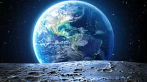 從月球表面看到的地球，帶有發光的城市燈光和星空。 — 宇宙 壁紙