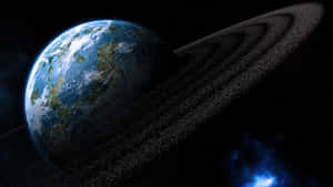 地球帶有暗環，在太空中繞著發光的星雲運行。 — 星際效應 壁紙