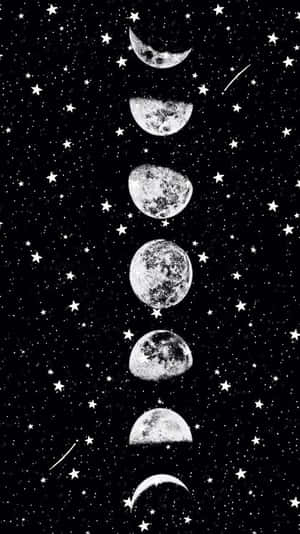 垂直月相週期，背景為繁星點點的夜空和流星。 — 深色霓虹 iPhone 壁紙