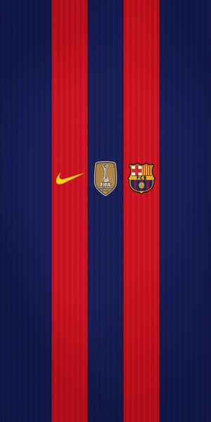 垂直紅藍條紋運動壁紙，帶有 Nike FIFA 世界冠軍球會盃和 FC 巴塞隆納標誌。 — Pixel 3 壁紙