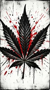 在紋理白色背景上帶有紅色濺墨的黑色大麻葉。