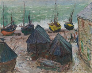 克勞德·莫內的《埃特塔海灘上的船隻》，創作於1885年，油畫作品。下載此藝術作品作為桌機、平板或手機的高解析度桌布。