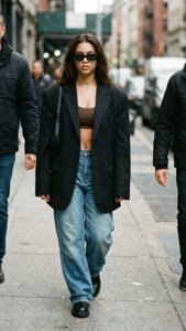 身穿黑色西裝外套和牛仔褲的女性走在城市人行道上
