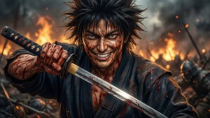 一名微笑的血跡斑斑武士戰士在燃燒的戰場上持劍。 — 東京卍复仇者 壁紙