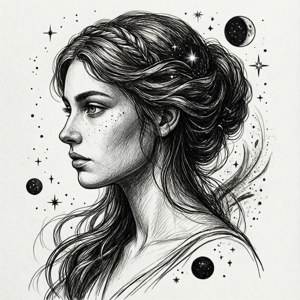 一位辮子頭髮、有雀斑的女性，在黑白插圖中被星星和行星環繞。 — Pixel Watch 5 壁紙