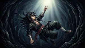 動漫戰士漂浮在陽光照耀的洞穴中，長長的黑髮，向上伸手。 — 帶土 壁紙
