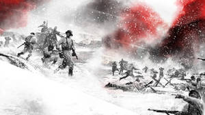 士兵在雪地戰區作戰，紅色煙霧升起。 — 雪降花戲劇 壁紙