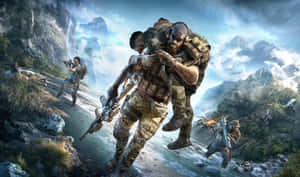 黃昏時分士兵們跋涉山間河流，一人背負受傷戰友 — 電玩遊戲 GIF 壁紙