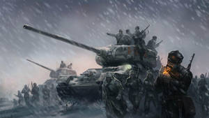 士兵和坦克在暴風雪中穿越雪地戰場。