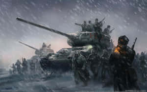 士兵和坦克在冬季風暴中穿過白雪覆蓋的戰場。 — 冬季風景 壁紙