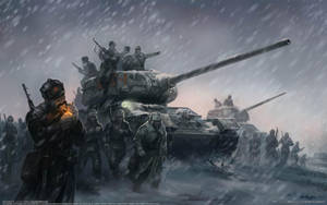 士兵和坦克在暴風雪中穿過白雪覆蓋的戰場。 — 二戰 壁紙