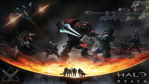 士兵和裝甲戰士在Halo Reach的熾熱行星和飛船上戰鬥。 — 最後一戰： Reach 壁紙