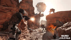 士兵在岩石沙漠峽谷中戰鬥，伴有爆炸和降落傘。 — 電玩遊戲 GIF 壁紙