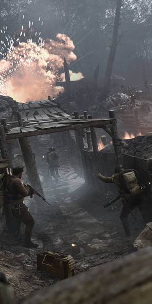 士兵在戰壕中，周圍是爆炸和煙霧。 — 電玩遊戲 GIF 壁紙