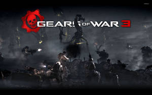 士兵在黑暗戰區與巨型怪物戰鬥，帶有Gears of War 3標誌。 — 戰爭機器 壁紙