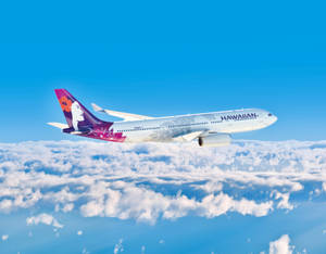 夏威夷航空飛機在藍天白雲上飛行