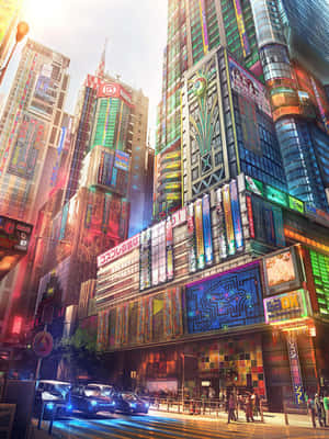 夕陽下未來風格的東京街道，霓虹燈招牌和發光的建築。 — 日本 壁紙