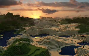 夕陽下的塊狀 Minecraft 世界，有山脈、河流和森林。 — 最佳我的世界 壁紙