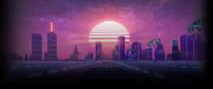 夕陽下霓虹燈照亮城市，有條紋太陽和發光建築。 — 蒸氣波 壁紙