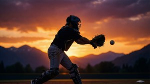 MLB捕手在夕陽天空下的剪影。