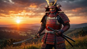 全副盔甲的武士戰士在夕陽下的山丘上持劍 — 2560x1440 壁紙