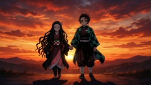 禰豆子與炭治郎在美麗夕陽下的剪影。 壁紙