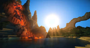 夕陽下的像素化Minecraft峽谷，懸崖與水。 — 可愛 Minecraft 壁紙