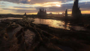 夕陽下的外星景觀，有鋸齒狀的岩石 formations 和反射池。 — 風景 壁紙