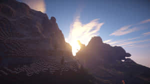 Minecraft風格數位景觀中夕陽下的塊狀山脈。 — 我的世界 壁紙