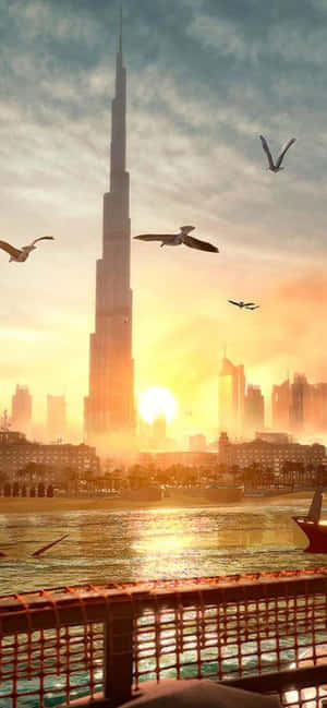 海鷗在杜拜哈里發塔上空飛翔，金色夕陽倒映在水面上。 — iPhone 14 Pro Max 壁紙