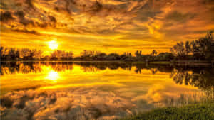 湖上的夕陽，帶有鮮豔的橙色和黃色倒影及樹木剪影。 — 日落 壁紙