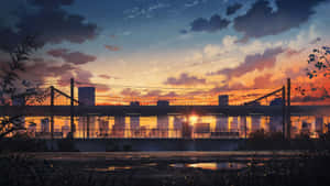夕陽下的火車橋，濕地與城市天際線背景 — 動畫風景動圖 壁紙