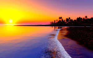 熱帶海灘上的夕陽，有棕櫚樹和輕柔的海浪 — 海灘 壁紙