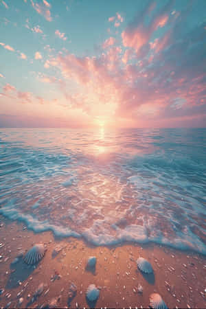 海洋上的夕陽，海浪沖刷沙灘上的貝殼 — 日落 壁紙