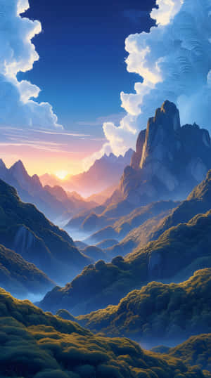 日落時分，山脈上有雲朵和森林覆蓋的山谷 — 丘陵景觀 壁紙