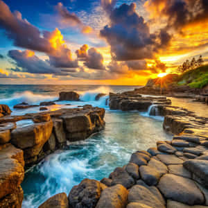 岩石海岸線上的夕陽，拍岸的浪花和多彩的雲彩 — 極高畫質 壁紙