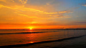 夕陽映照海洋，橙色和金色的色調在平靜的水面上反射。 — 2560x1440 壁紙