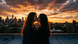 兩位女士在日落時分的城市天臺上接吻，天際線在她們身後。 — 女同志 GIF 壁紙