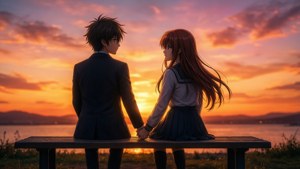 兩個動漫青少年在湖邊夕陽下牽手坐在長椅上。